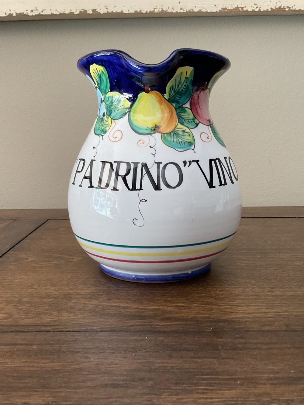 Hand-Painted 6” Ceramic Pitcher Vase with Fruit Motif - White and Blue